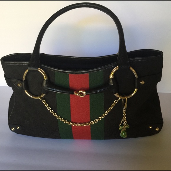 GUCCI BLK LOGO PURSE HORSEBIT DETAIL LARGE STRIPE - Picture 1 of 8